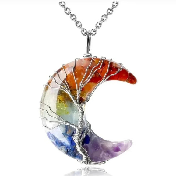Jewelry - 7 Chakra Healing Crystal Necklace Tree Life Wire Wrapped Crescent Moon